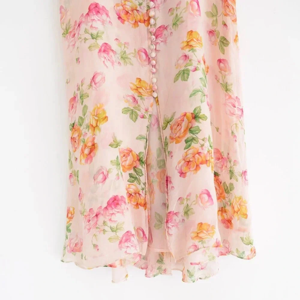 Kooples  Antique Pink Floral 100% Silk Puff Sleeve Button Down Slip Midi Dress - Picture 4 of 14